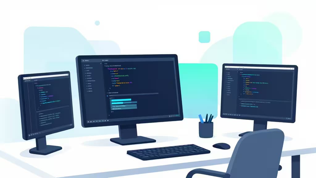 Three monitors display code on a clean desk, illustrating enterprise AI coding assistants.