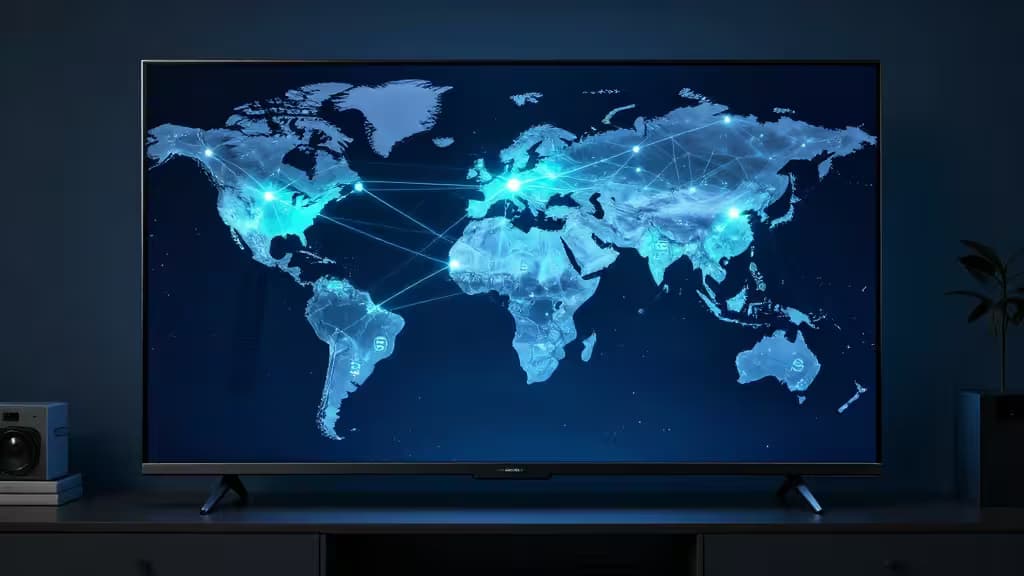 Nowoczesny telewizor w przyciemnionym salonie wyświetlający mapę świata z świecącymi węzłami połączeń — abstrakcyjna reprezentacja prywatności VPN i streamingu