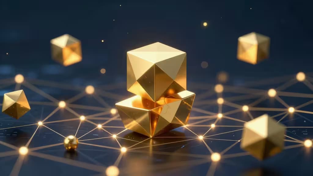 Représentation abstraite de la tokenisation d'actifs du monde réel sur blockchain: blocs dorés et obligations flottant au-dessus d'un réseau lumineux de nœuds connectés.