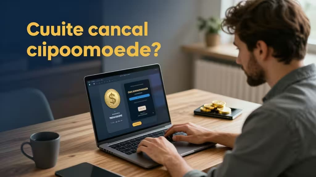 Homem digitando em laptop com interface de pagamento cripto, moedas de ouro ao lado