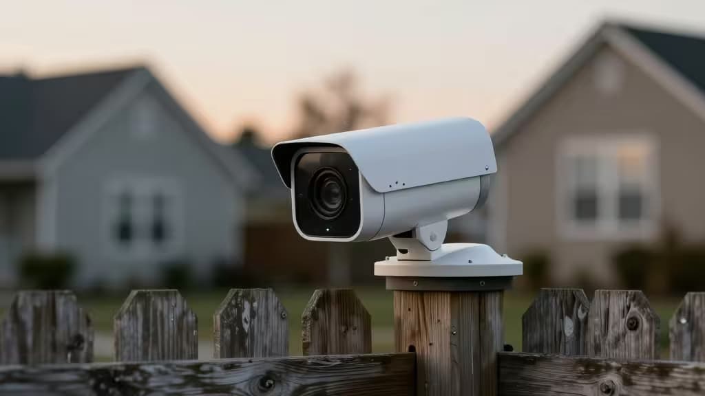 White plastic security camera mounted on weathered wooden fence post against blurred suburban houses at dusk.