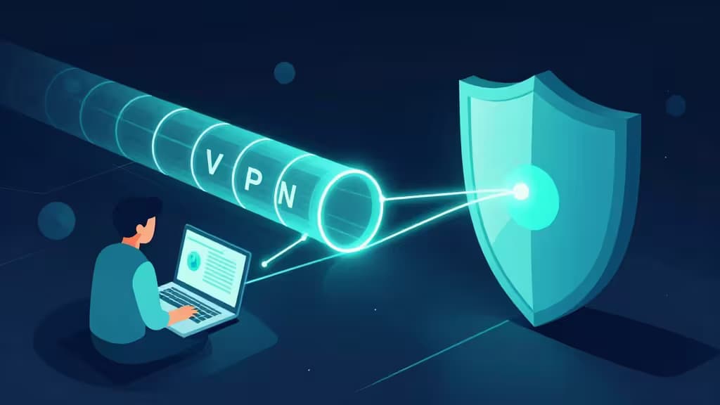 Un tunnel VPN lumineux relie un ordinateur portable à un réseau d'entreprise protégé par un bouclier, symbolisant le télétravail sécurisé.