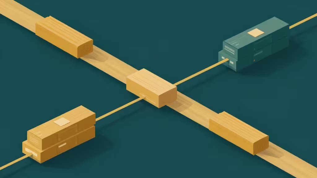 Wooden logs and server blocks connect via thin yellow lines across a teal background, symbolizing affordable cloud log storage pipelines.