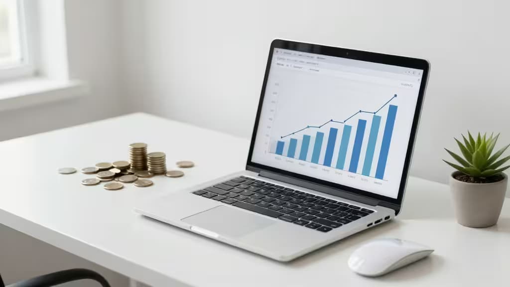 Bureau d'entreprise moderne avec ordinateur portable affichant des graphiques de croissance financière, pièces de monnaie et plante, éclairage naturel doux
