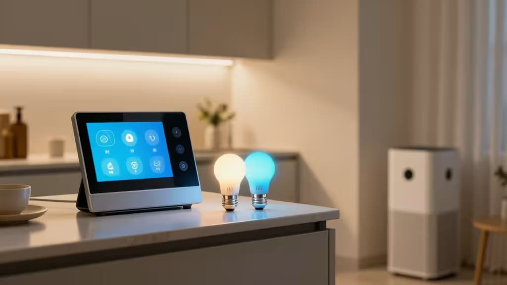 Intérieur d'une maison connectée moderne avec un écran intelligent affichant des notifications visuelles, des ampoules connectées et un purificateur d'air
