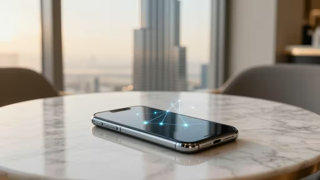 Smartphone na marmurowym stole, Burj Khalifa rozmyta w tle, na ekranie delikatnie świecące linie sieci VPN.