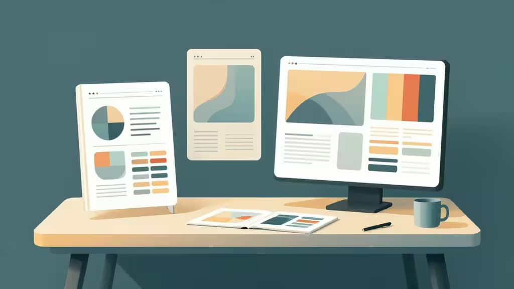 Unoszące się wireframe'y UI nad drewnianym biurkiem z monitorem, notesem, długopisem i kubkiem — ilustracja stanowiska projektanta wzbogaconego o AI.