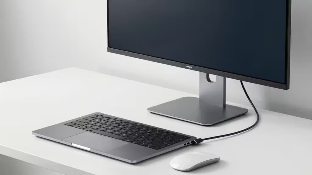 Silver laptop connects via single black cable to sleek black monitor on white desk, demonstrating minimalist one-cable workspace.