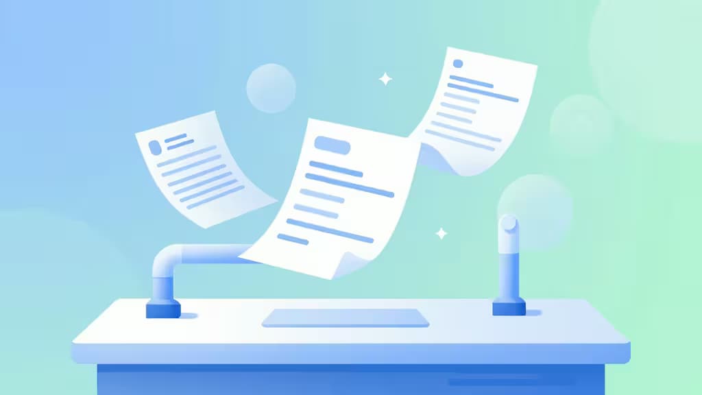 White documents float from a blue pipe onto a desk against a soft blue-green gradient background.