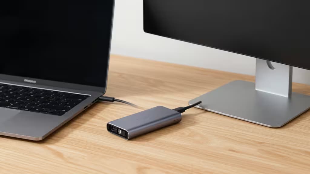 MacBook Pro aangesloten op een monitor via een compacte USB-C hub, op een houten bureau met natuurlijk licht