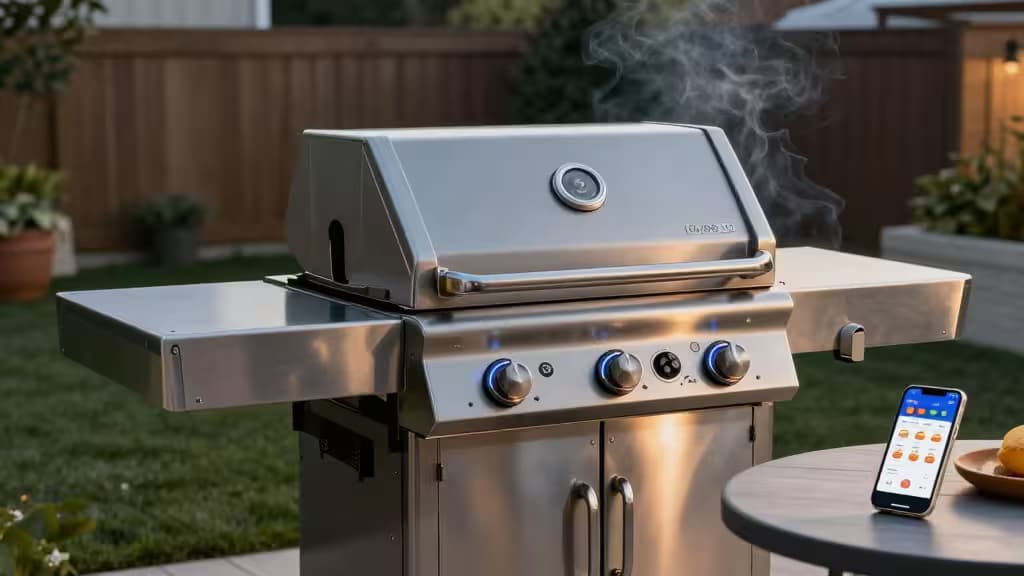 Grill intelligent en acier inoxydable au crépuscule avec boutons de contrôle LED lumineux et smartphone affichant une application de cuisson à proximité