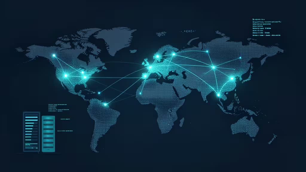Abstracte illustratie van een wereldwijd edge-netwerk met gloeiende verbindingen tussen serverknooppunten op een donkere wereldkaart