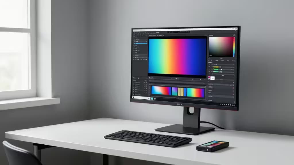 A minimalist studio desk with a 4K IPS monitor displaying a color-calibrated photo editing interface under soft natural light