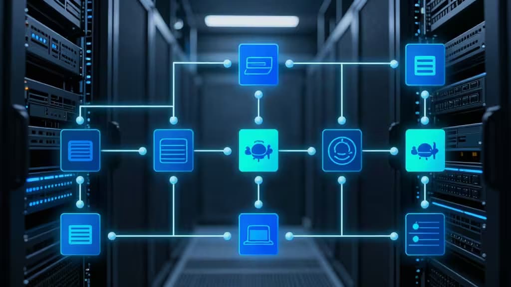 Glowing blue workflow nodes connect across server racks, visualizing automated CI/CD pipelines and container orchestration in a data center.