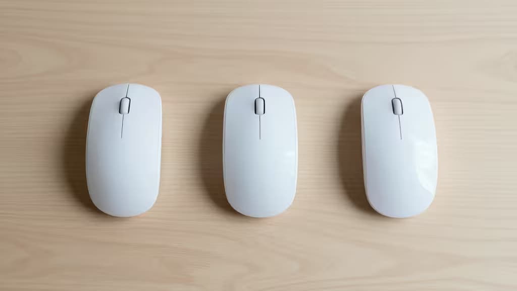 Drie witte draadloze muizen op een lichte houten ondergrond, met een strak design dat past in een kantooromgeving.