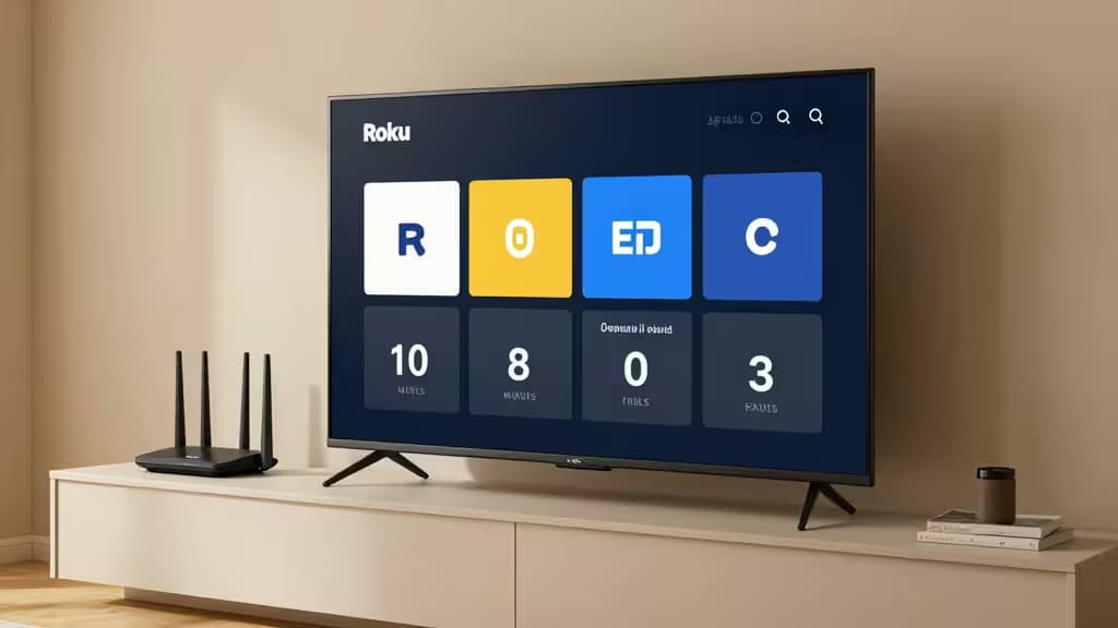 A Roku TV displays a colorful interface on a modern stand beside a router and books.