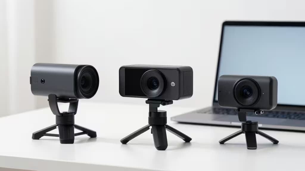 Drie strakke zwarte 4K-webcams op minitripods, opgesteld voor een laptop voor streaming.