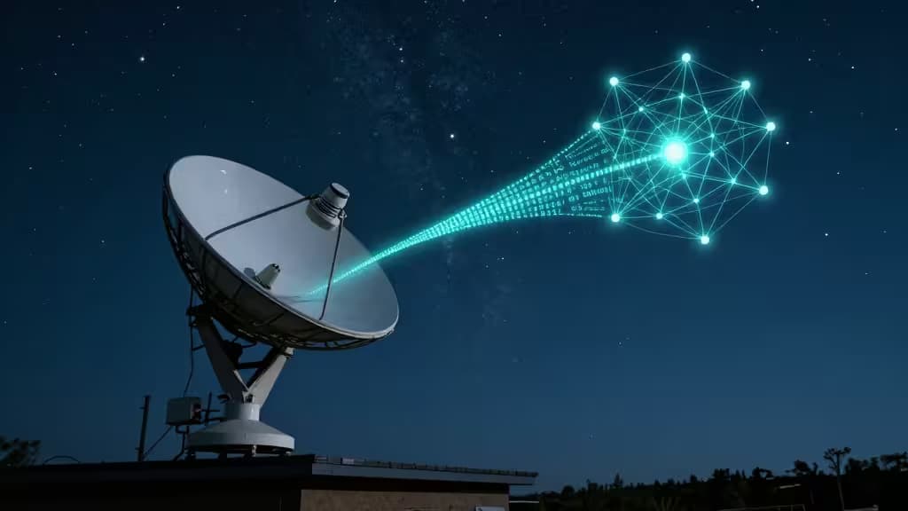 A satellite dish beams encrypted data streams into a glowing network constellation against a starry night sky.