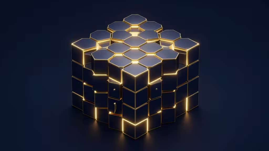 Glowing hexagonal vault structure symbolizes secure institutional crypto custody.