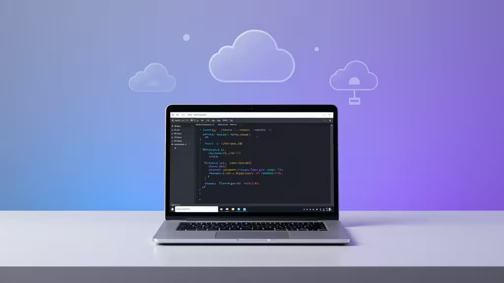 Laptop affichant du code Python sur un fond dégradé avec des icônes de cloud, symbolisant des microservices abordables.