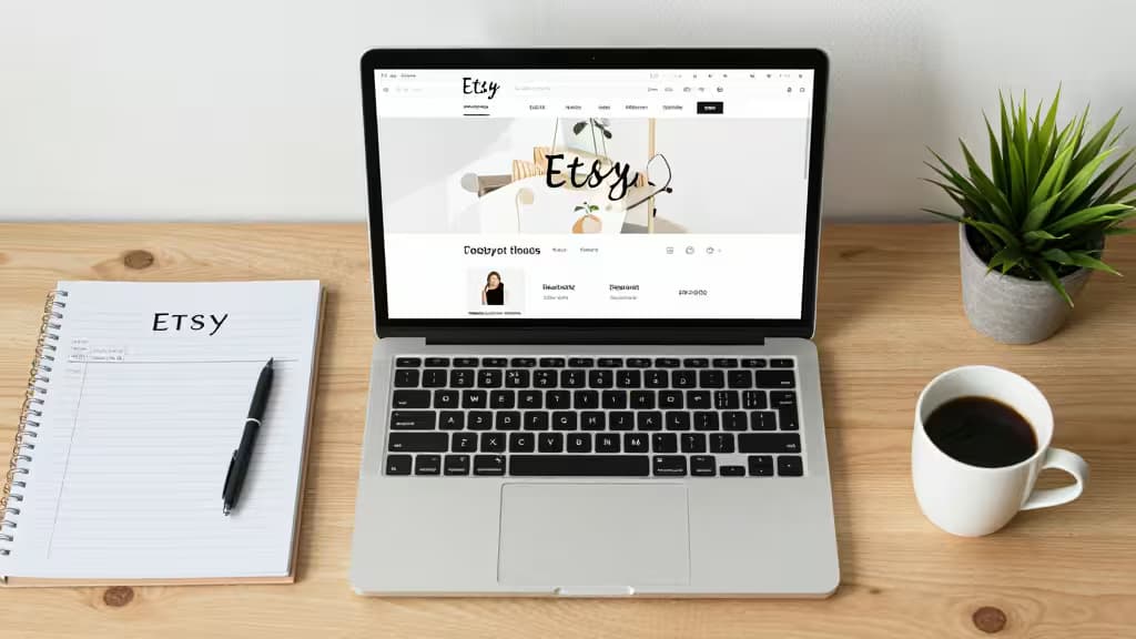 Laptop z panelem Etsy obok notesu, długopisu, filiżanki kawy i rośliny na drewnianym biurku.