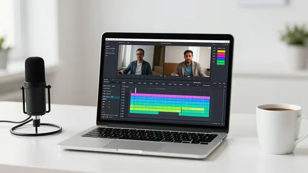 Laptop displays AI video subtitling software with dual speakers, microphone, and coffee cup on desk.