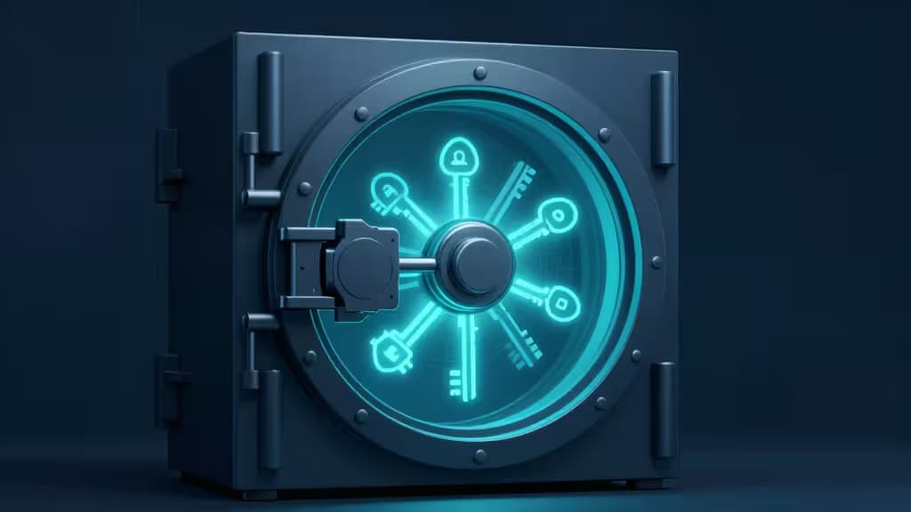 Abstrakte Illustration eines verschlüsselten Tresors, der leuchtende Schlüssel und Secrets in einer Kubernetes-Umgebung schützt