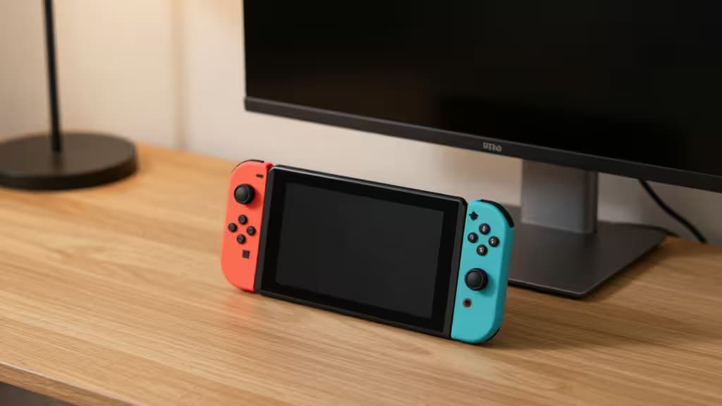 Nintendo Switch acoplado a um monitor portátil sobre uma mesa de madeira, com iluminação aconchegante e setup minimalista de viagem