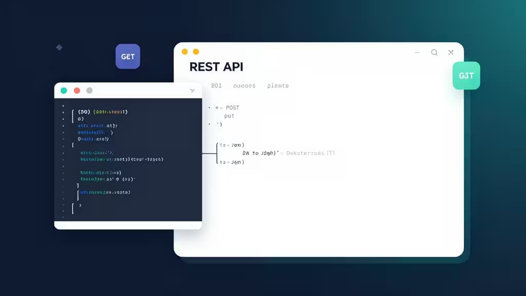 Floating code editor windows display JSON structures and HTTP methods against a dark gradient background.