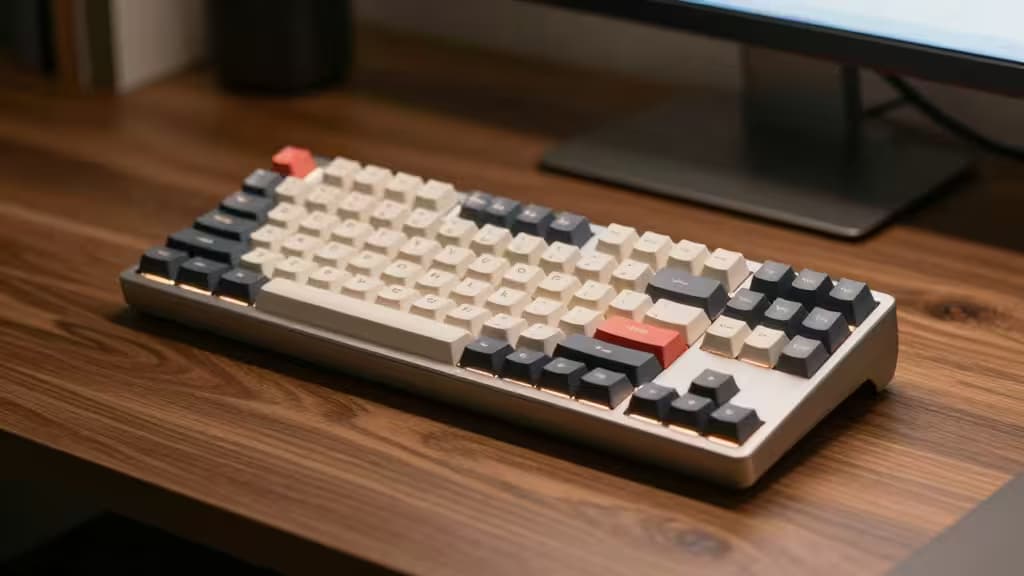 Low-profile mechanical keyboard with cream, black, and red keycaps on wooden desk.