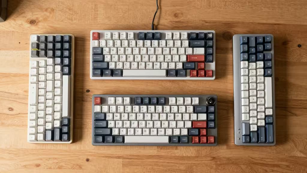 Vier kompakte mechanische Tastaturen mit weißen, grauen und roten Tastenkappen auf einer hellen Holzoberfläche arrangiert.