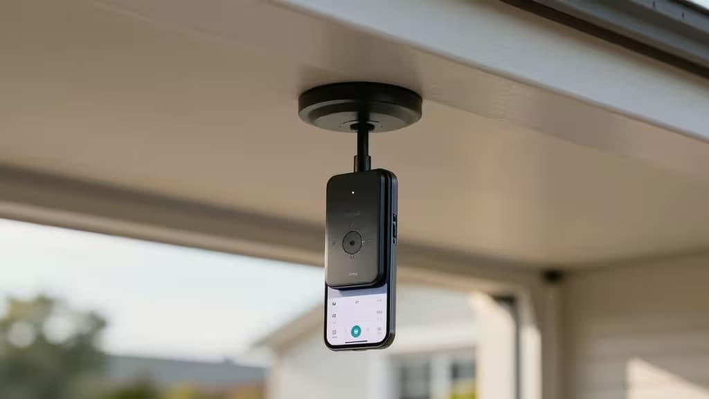 Controlador inteligente para porta de garagem montado no teto da garagem, ligado a um abridor existente, com telemóvel a mostrar a app de controlo remoto.