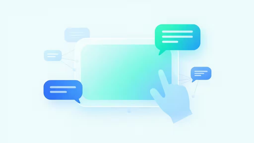 A translucent hand interacts with a glowing cyan interface, surrounded by floating blue and green chat bubbles representing AI customer support agents.
