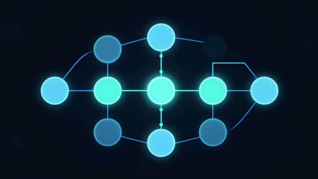 Glowing cyan nodes connect via thin lines on a dark background, illustrating automated workflow paths for small teams.