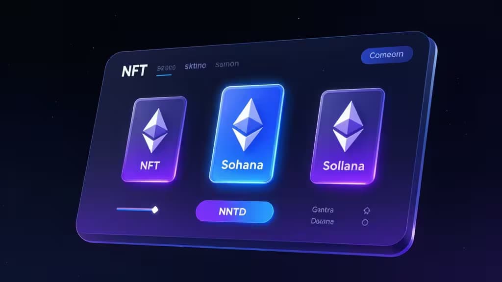 A futuristic digital interface showcasing Ethereum, Solana, and Bitcoin NFT marketplaces with glowing cards and sleek UI elements.