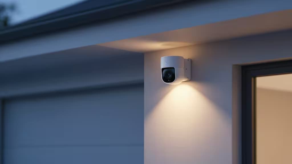 White plastic security camera mounted under eaves illuminates garage entrance with warm light against twilight sky.