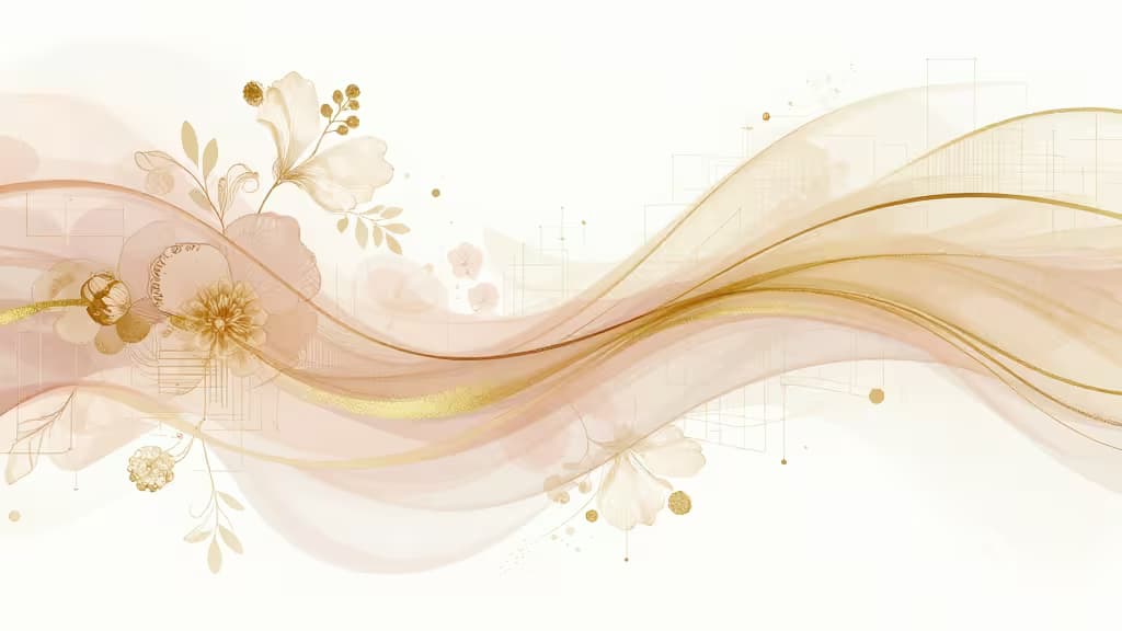 Abstract editorial composition blending soft blush and gold floral motifs with geometric AI grid patterns, representing the intersection of wedding aesthetics and technology