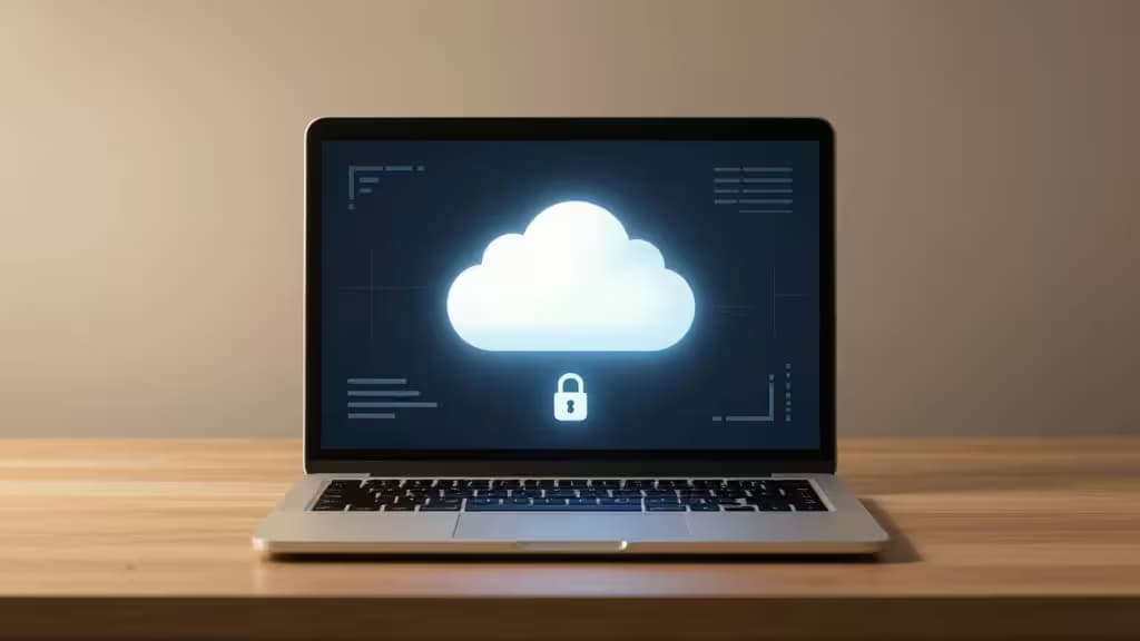 Ein silberner Laptop auf einem Holztisch zeigt ein leuchtendes Cloud-Symbol mit einem Vorhängeschloss, das sichere lokale KI symbolisiert.