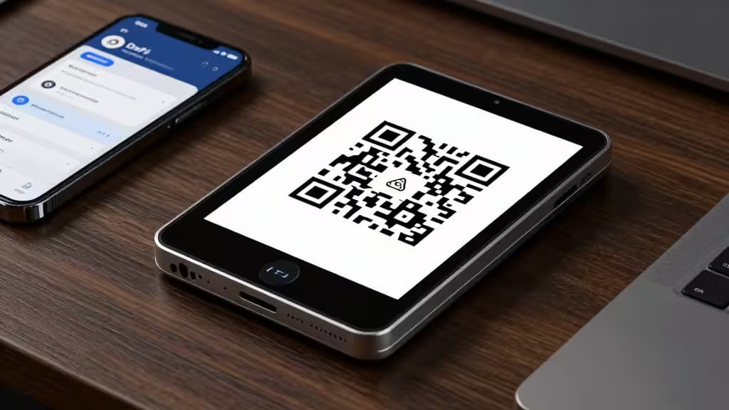 Смартфоны отображают интерфейс DeFi-кошелька и QR-код на деревянном столе рядом с ноутбуком.
