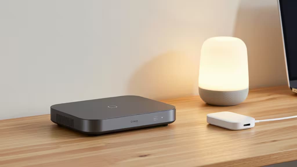 Aqara Hub, Home Assistant Green, and smart speaker sit on wooden desk.