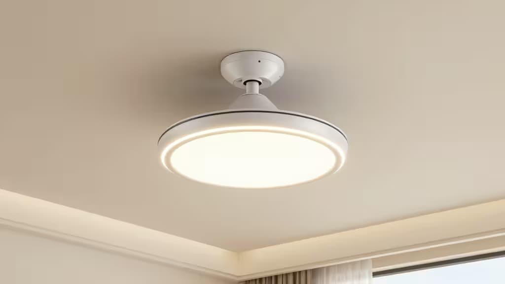 Nowoczesny inteligentny wentylator sufitowy z pierścieniem LED w minimalistycznym salonie