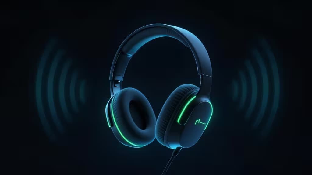 Casque gaming sans fil noir avec éclairage LED vert, émettant des ondes sonores bleues sur fond sombre.