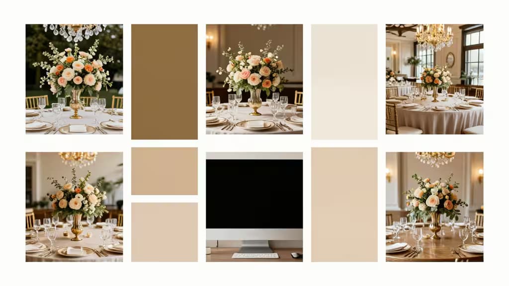 Un mood board mostra composizioni floreali, campioni di colore e uno schermo per l'organizzazione elegante di eventi.