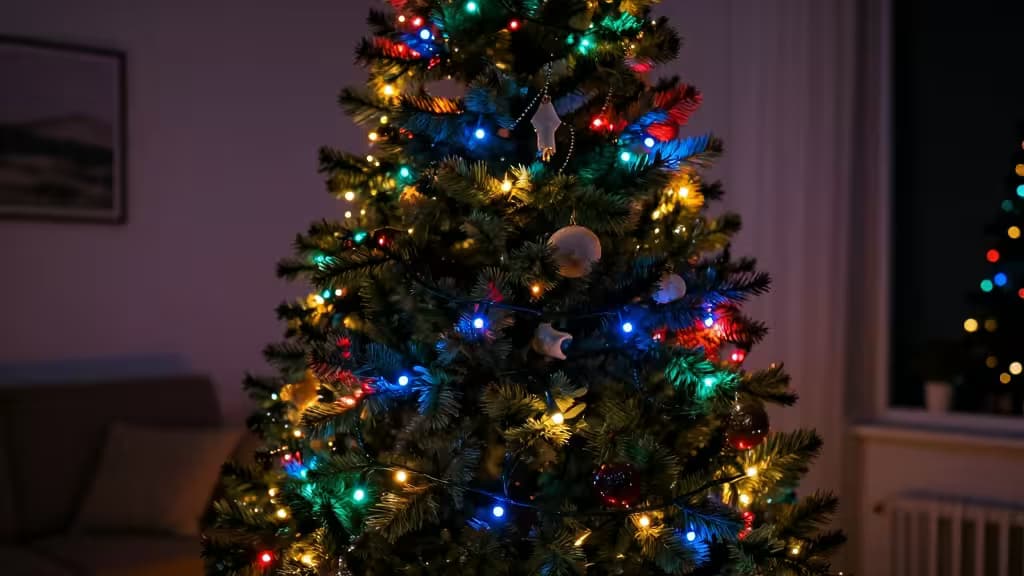 A lush Christmas tree adorned with vibrant, multicolored smart LED string lights glows warmly in a cozy living room.