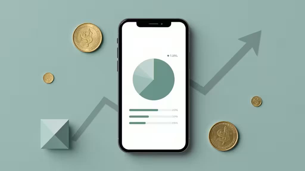 Abstract illustration of a smartphone displaying a pie-chart investment portfolio surrounded by minimal geometric coins and growth arrows in teal and gold tones