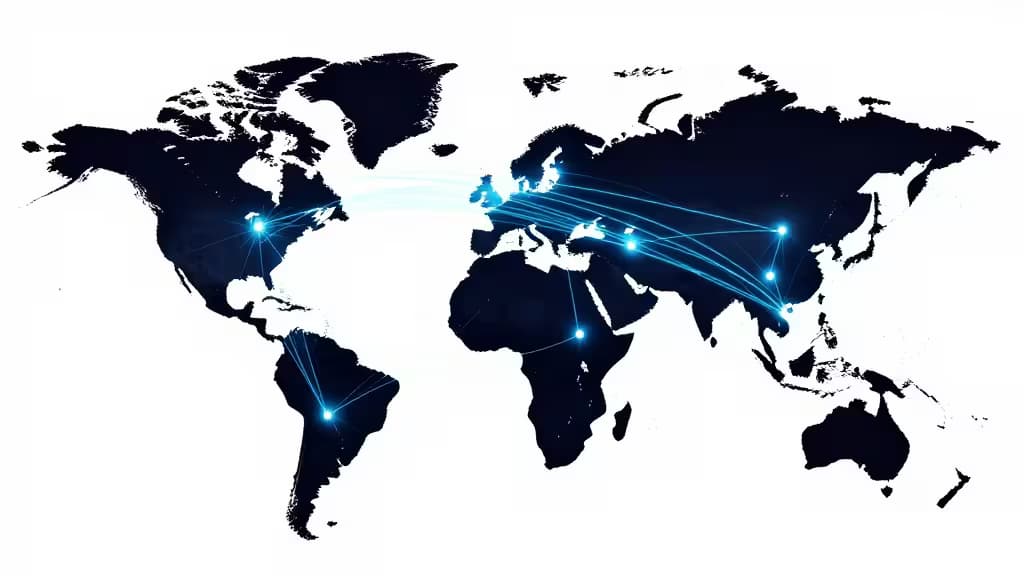 Glowing blue nodes connect across a dark world map, illustrating a global low-latency edge database network.
