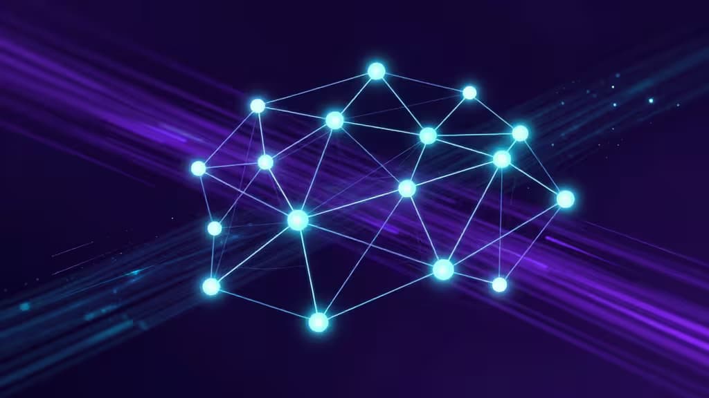 Glowing blue network nodes connect against purple light streaks, symbolizing Solana's decentralized exchange infrastructure in 2026.