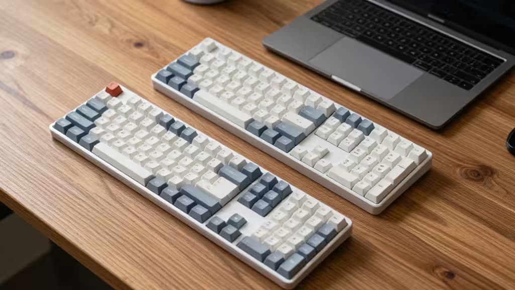 Dos teclados mecánicos blancos y grises sobre una mesa de madera junto a un MacBook plateado, con luz natural cálida.