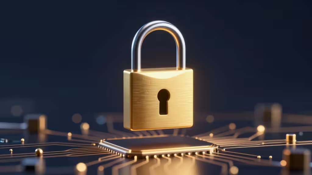 Glowende gouden slot bovenop een circuitbord — symbool voor zelf-custody bij crypto staking