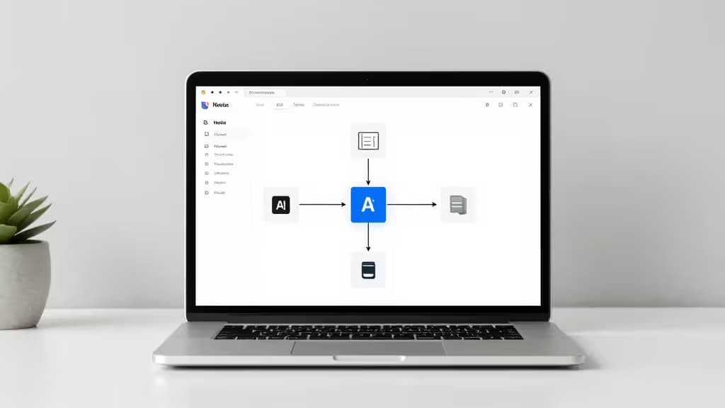 Un laptop plateado sobre un escritorio blanco muestra un diagrama de flujo de trabajo entre Notion e IA, acompañado de una pequeña suculenta en maceta.